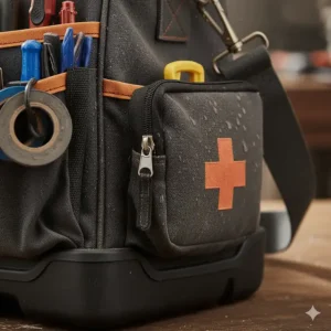 A texture shot of the rugged, water-resistant fabric of the durable tool bag, highlighting its tough construction.