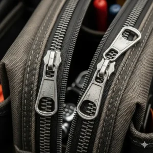 Close-up of heavy-duty zippers on a professional electrician's tool bag, built to withstand frequent use.