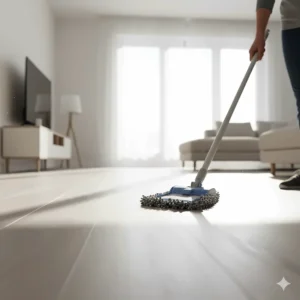 A person quickly sweeping a dust mop across laminate flooring, representing the low maintenance and easy cleaning required for laminate compared to hardwood care.