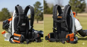 An image showing the ergonomic backpack design of both ECHO and Stihl blowers, highlighting the harness and comfort features for professional landscapers.