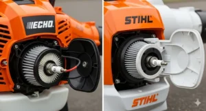 A close-up of the air filter and spark plug on both an ECHO and a Stihl blower, demonstrating the ease of maintenance for long-term durability.