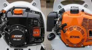 Close-up view of the engines of an ECHO and a Stihl leaf blower, illustrating the distinct build and engine displacement.