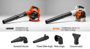 A comparison of ECHO and Stihl handheld leaf blowers, focusing on their size, weight, and nozzle design for residential and commercial use.
