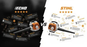 A collage of user reviews and ratings for both ECHO and Stihl blowers, summarizing common feedback on reliability, power, and overall satisfaction.