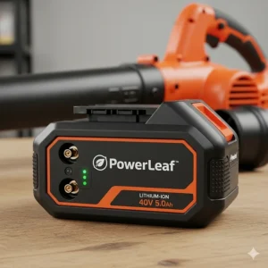 A close-up shot of an electric leaf blower's rechargeable battery, highlighting its power source and convenience.