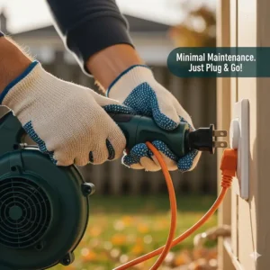 A user simply plugging in an electric leaf blower, highlighting the minimal maintenance required for these tools.