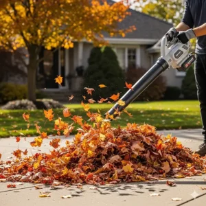 A powerful stream of air from an electric leaf blower effectively clearing a large pile of leaves.