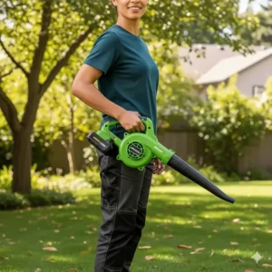 A person easily carrying a lightweight electric leaf blower, demonstrating its ergonomic design and ease of use.