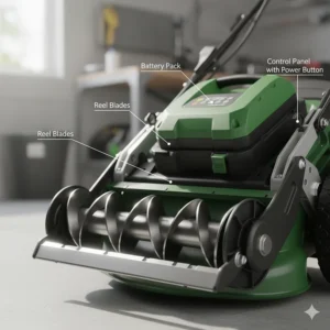 Close-up view of the key components of a modern electric reel mower, highlighting the sharp reel blades and the rechargeable battery pack.