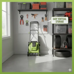 Image of an electric reel mower stored neatly in a garage, emphasizing its compact design and easy vertical storage capability.