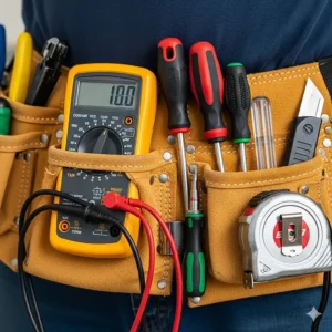 A detailed shot of specific tools commonly found in an electrician's tool belt, including a multimeter, screwdrivers, and a tape measure, arranged neatly within the pouches.