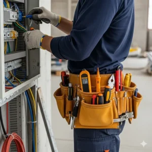 An electrician wearing a heavy-duty leather tool belt while working on an electrical panel, demonstrating its practical use on the job site.