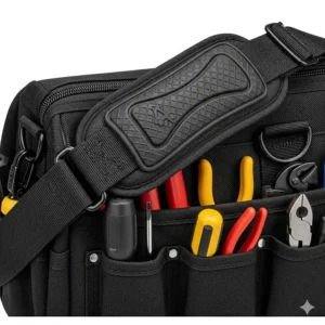 A detail shot of a durable, padded shoulder strap on a heavy-duty electrician's tool bag for comfortable carrying.