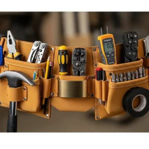 A close-up front view of a durable electrician tool belt, highlighting the main compartments and pouches designed to organize and carry tools.