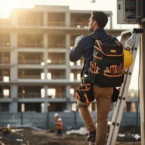 A professional electrician using a tool pouch backpack to carry all the necessary tools while climbing a ladder, showcasing the hands-free benefit.