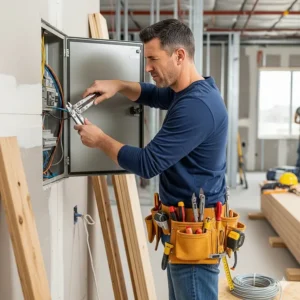 An electrician on a job site, actively using a tool from their belt to perform a task, emphasizing the convenience and accessibility of the worn tool belt.