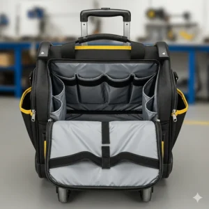 An empty rolling tool bag with a wide-mouth opening, showcasing the interior space and pockets.