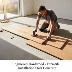 Engineered hardwood being installed over a concrete subfloor, illustrating its versatility compared to traditional hardwood.