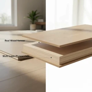 Cross-section diagram of engineered hardwood showing the real wood veneer layer and the plywood core.