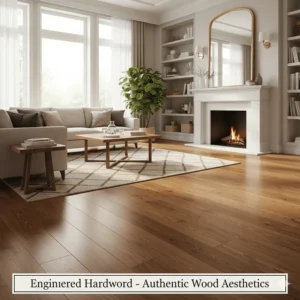A luxurious living room featuring authentic-looking engineered hardwood floor planks.