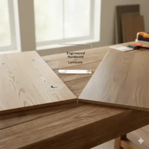 A visual comparison showing the difference between engineered hardwood flooring vs laminate for homeowners researching options.