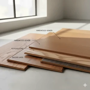 Cross-section diagram showing the multi-ply construction of an engineered wood floor, with a thin layer of genuine wood veneer.