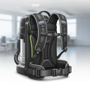 An illustration highlighting the ergonomic harness and padded straps of a modern backpack vacuum. The design is intended to distribute weight evenly, reducing user fatigue during long cleaning sessions.