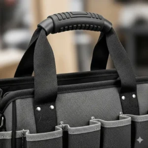 An ergonomic, reinforced carrying handle on a tool bag, designed for easy and comfortable transport of heavy tools.
