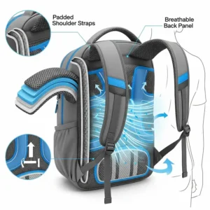 An illustration highlighting the ergonomic design of the backpack, including padded shoulder straps and a breathable back panel for comfortable use when carried.