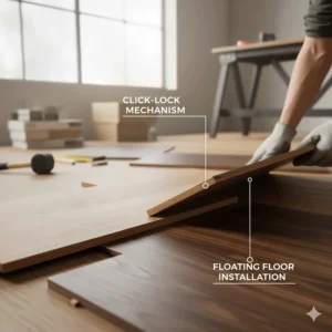 Close-up of a click-lock mechanism demonstrating the typical floating installation of laminate or engineered hardwood.