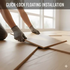 Image demonstrating the click-lock installation method, often used for laminate flooring for a quick floating floor setup.