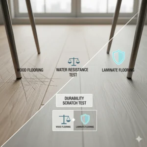 Image illustrating a scratch test to compare the high durability and scratch resistance of laminate flooring versus wood flooring.