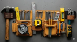 An overhead view showing the logical organization of tools and fasteners within a well-stocked framing tool belt, including specific slots for pencils and utility knives.