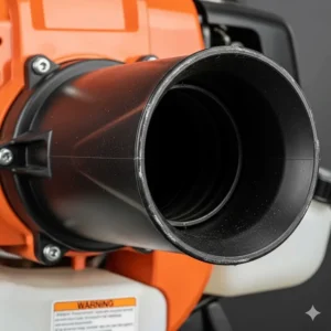 A close-up view of the high-velocity air outlet on a gas push leaf blower, illustrating the powerful airflow and directional control.