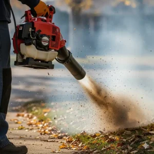 A gas leaf blower emitting exhaust fumes, visually representing the environmental impact of gas-powered equipment.