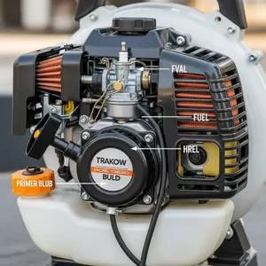 The engine of a powerful gas leaf blower, illustrating the components that require fuel and regular maintenance.