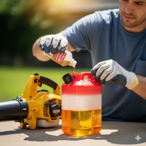 A person mixing gas and oil for a gas leaf blower, illustrating the process of fueling and the associated costs.