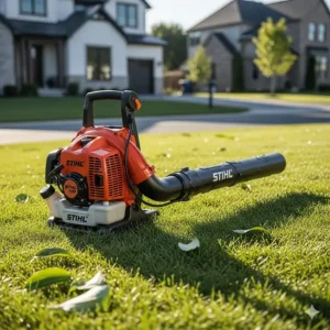 A gas push leaf blower resting on a residential lawn, ready for use. This image illustrates the blower’s size and presence in a typical yard setting.