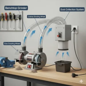 A diagram of a benchtop grinder setup showing a dust collection system attached to the grinder's housing to capture grinding debris.
