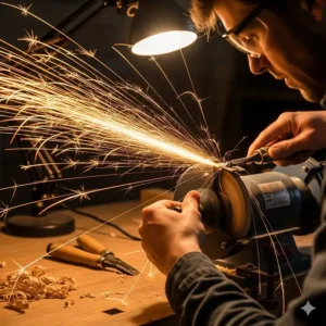 A person sharpening a chisel on a benchtop grinder, with sparks flying safely away from the user.