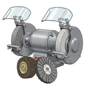An illustration showing various types of grinding wheels, including coarse, fine, and wire brush wheels, used on a benchtop grinder.