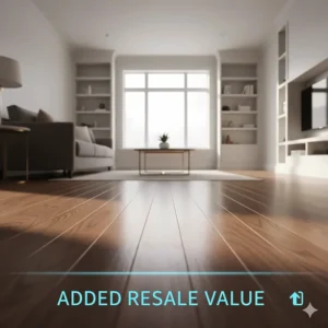 An elegant living room featuring high-quality, continuous hardwood floors, illustrating the consensus that real wood adds greater resale value to a home than laminate.