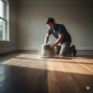 An image showing a contractor sanding a room's hardwood floor, demonstrating the ability to refinish and restore the surface, a key benefit that laminate lacks.