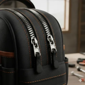 A close-up of the large, metal, and heavy-duty zippers on a tool backpack, built for longevity and frequent use.