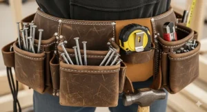 Detailed view of the multiple pouches on a heavy-duty framer's tool belt, showing their reinforced stitching and deep pockets for nails and other supplies.