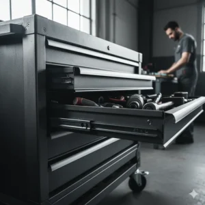 An image of a heavy-duty tool box organizer with metal drawers, highlighting its durability and robust construction.