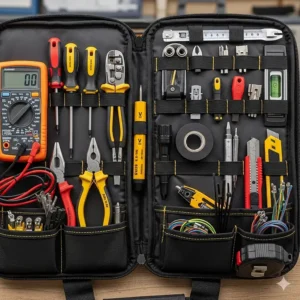 The interior of an electrician's tool bag, showcasing a variety of compartments and loops for efficient tool storage.
