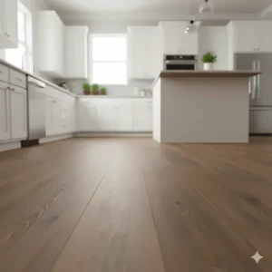 Modern kitchen showcasing a convincing, wood-look laminate floor, highlighting its realism.