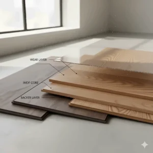 Infographic detailing the four layers of laminate flooring: the backing, core, image layer, and wear layer.