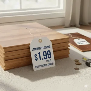 A stack of laminate planks with a lower price tag, illustrating why laminate flooring is often the more cost-effective choice compared to expensive hardwood.